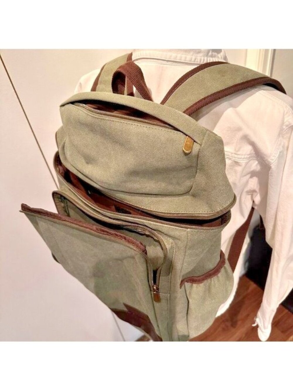 Portage Travel Gear Olive Canvas Backpack With Brown Leather Accents Multiple Co